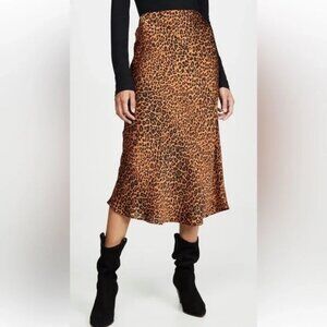 Womens Re:named Brown Black Leopard Print Elastic Waist Satin Midi Skirt S